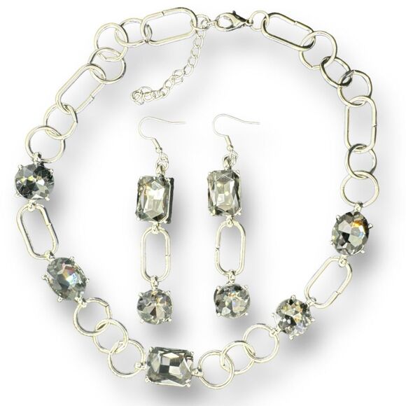 Jewelry Set Necklace and Earrings Faceted Large Rhinestones Over Silver Plated - Picture 2 of 5